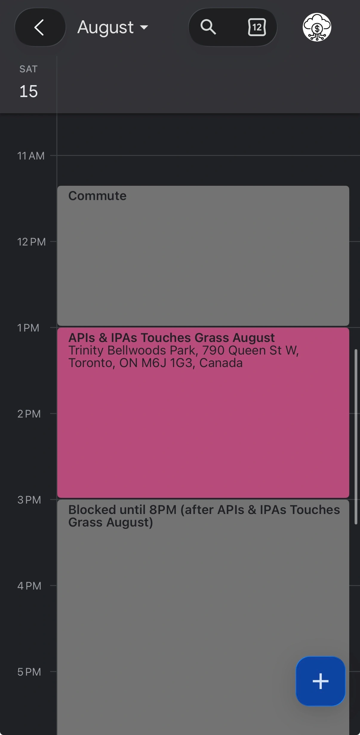 A real Saturday. A Commute block before the event, then an automatic buffer block after it, so I don't get booked into something I'd have to run to.
